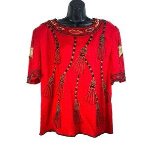 vtg old‎ money Lawrence Kazar Red Beaded Silk Top Size 1X Tassel Design